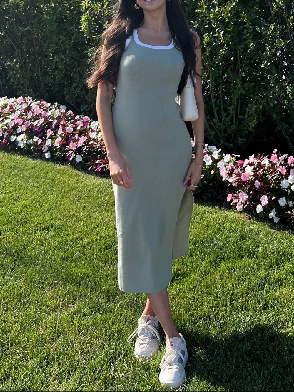 Sage Green Tank Midi Dress with Contrast Trim